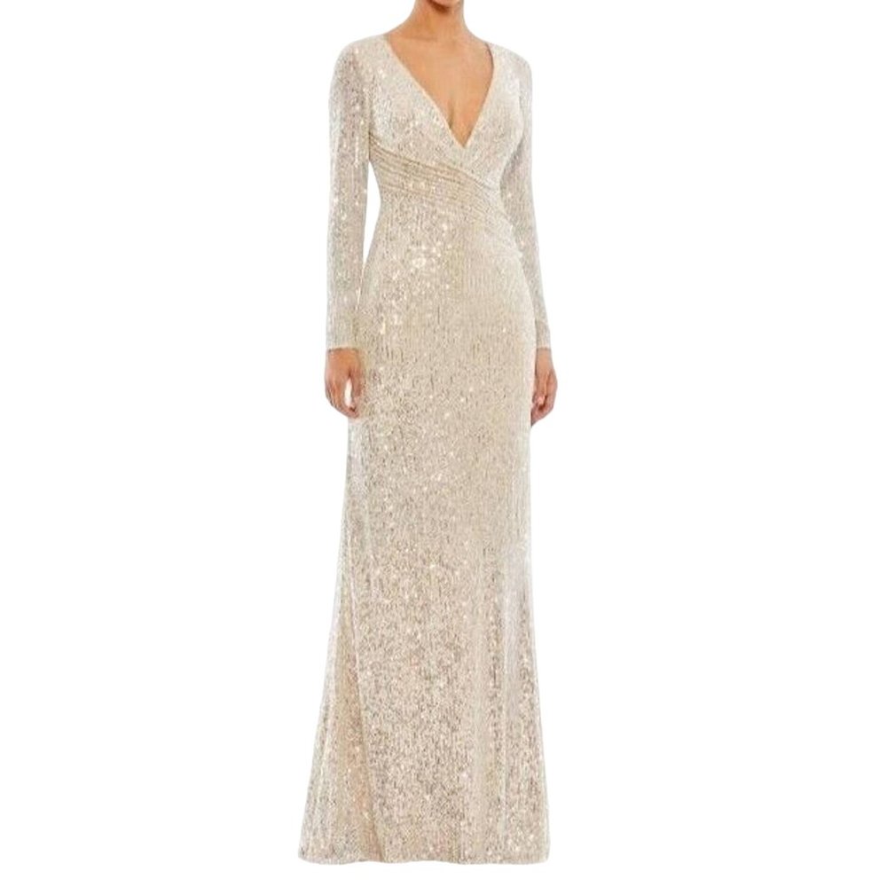 MAC DUGGAL IEENA Sequined Faux Wrap Long Sleeve Gown Size.8 NWT Nude Silver 0064